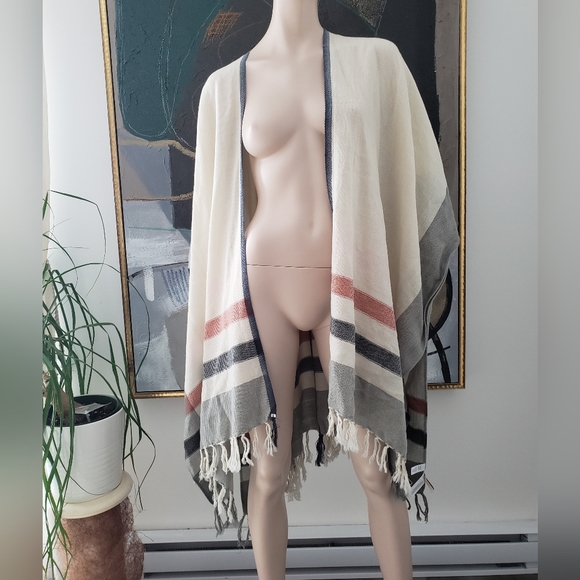 Loft | Striped Poncho with Fringe - Picture 3 of 14